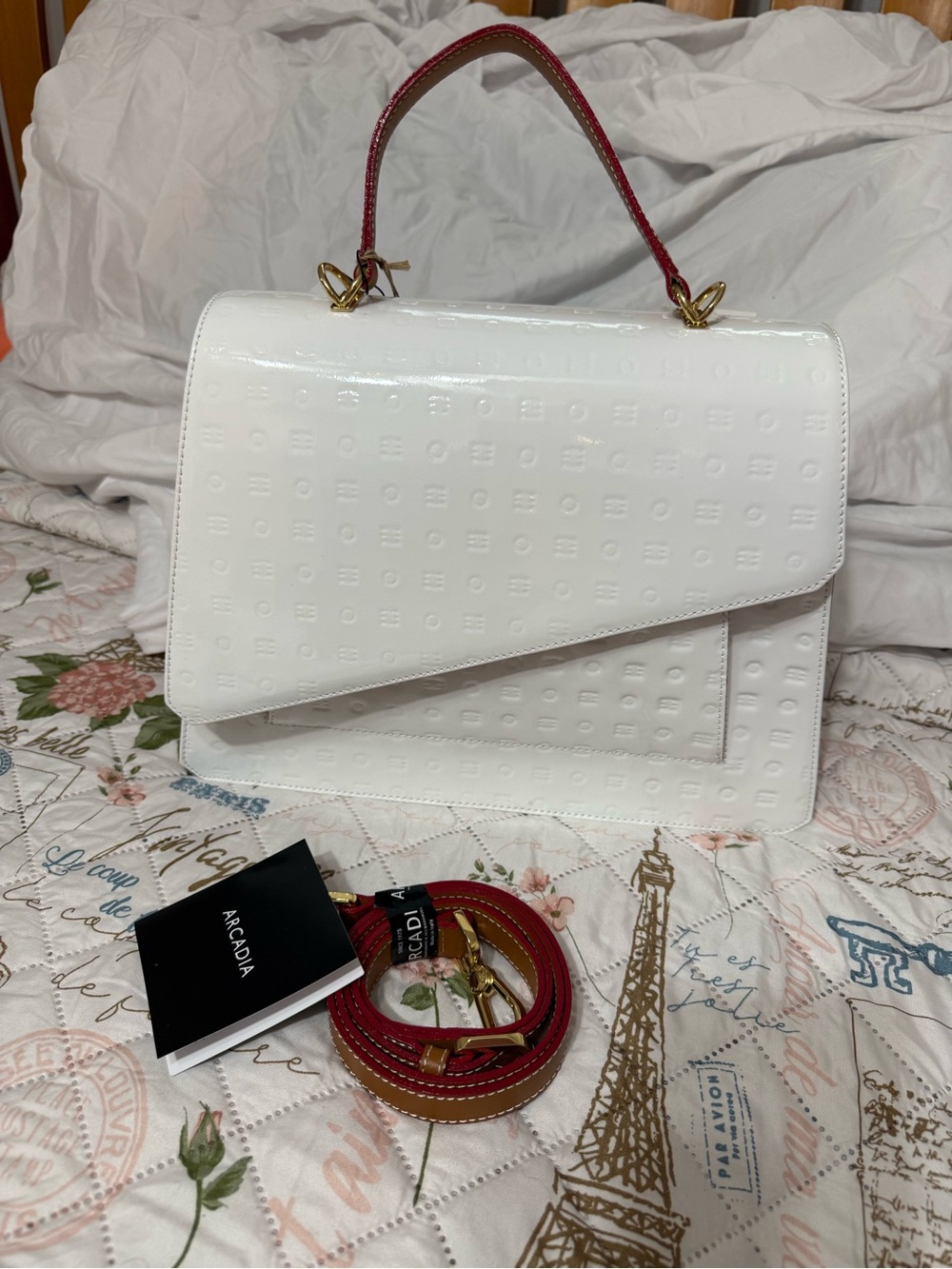 Arcadia White Patent Satchel with Red Handle and Strap